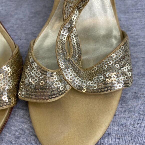 Arturo Chiang Heels Womens 8.5M Gold Sequin Strappy Leather Peep Open Toe Sandal - Picture 2 of 11